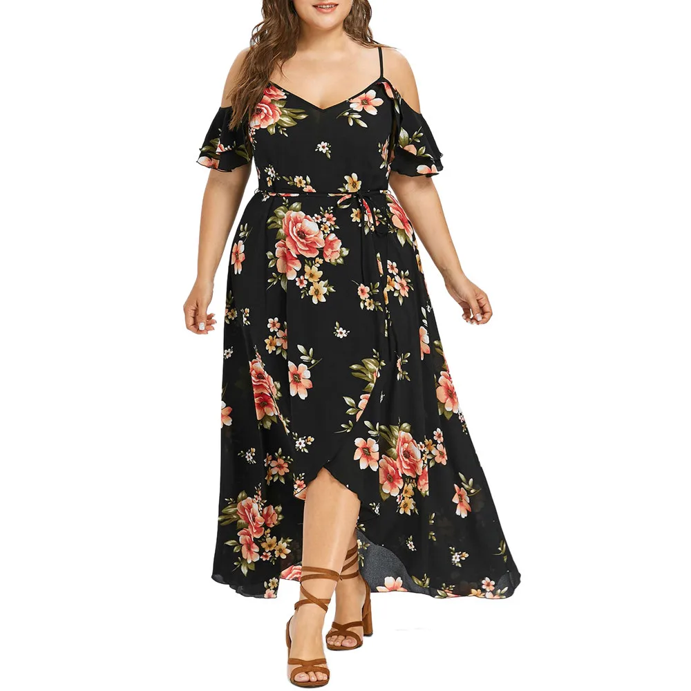 Размера плюс, летнее женское платье с цветочным принтом, высокое пикантное платье с разрезом, с открытыми плечами, богемное, на шнуровке, повседневное длинное платье, Пляжное винтажное платье - Цвет: Черный