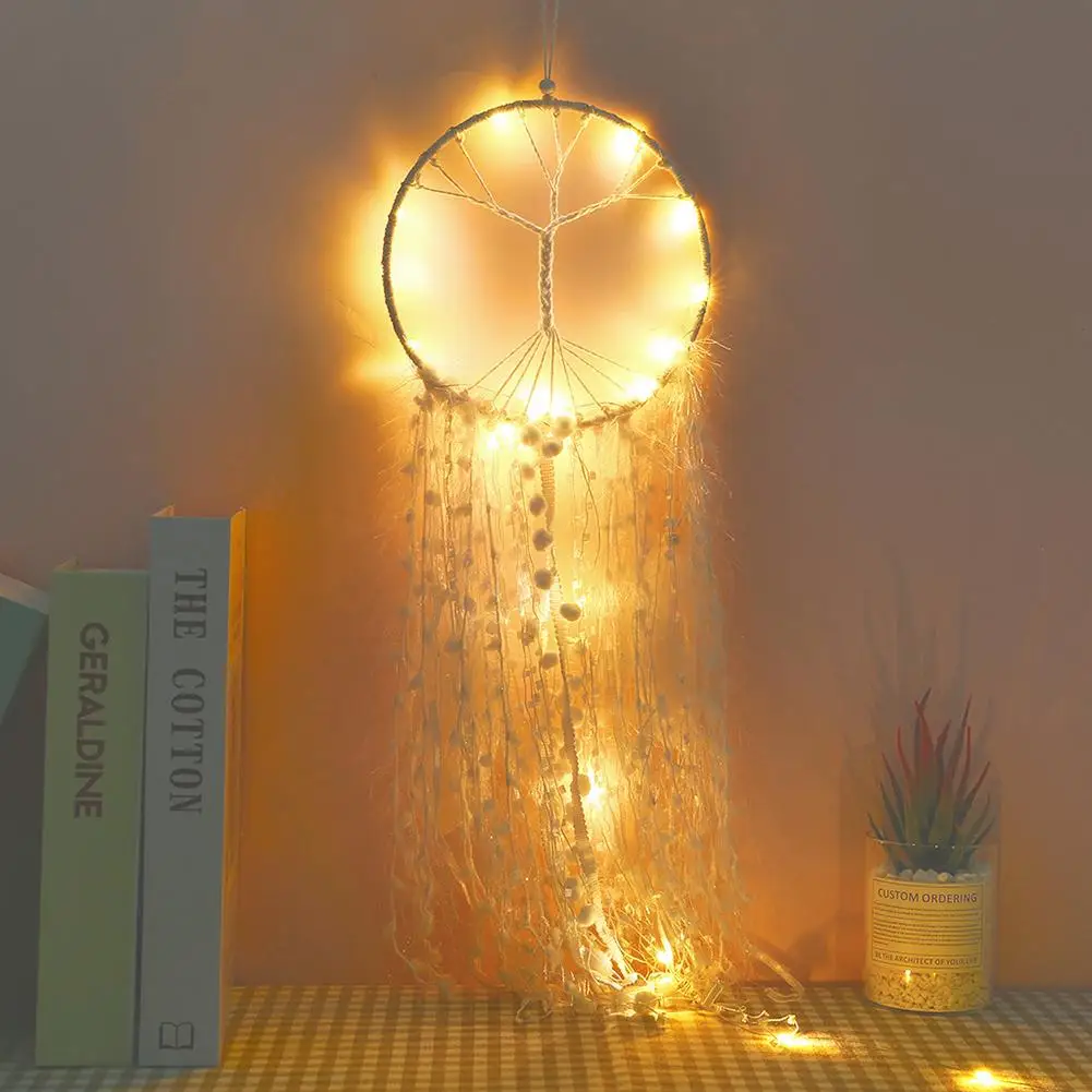 

White Feather Tassel LED Light String Dream Catcher Home Wall Hanging Ornament Car Home Rome Dreamcatchers Decor For Craft Gift