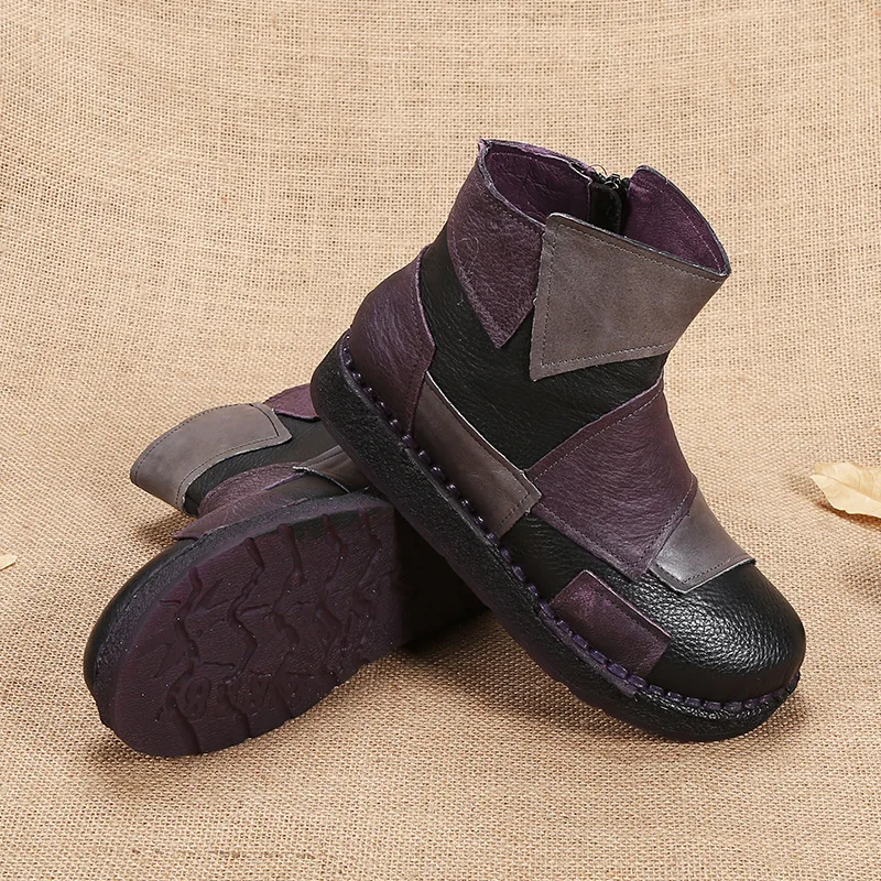 Mujer Mujeres Hecho A Las Primavera 2019 Tobillo Pisos Moda purple Botas Vintage Estilo De Stylesowner Mano Brown Cuero Zapatos Literario Genuino fT1wq858