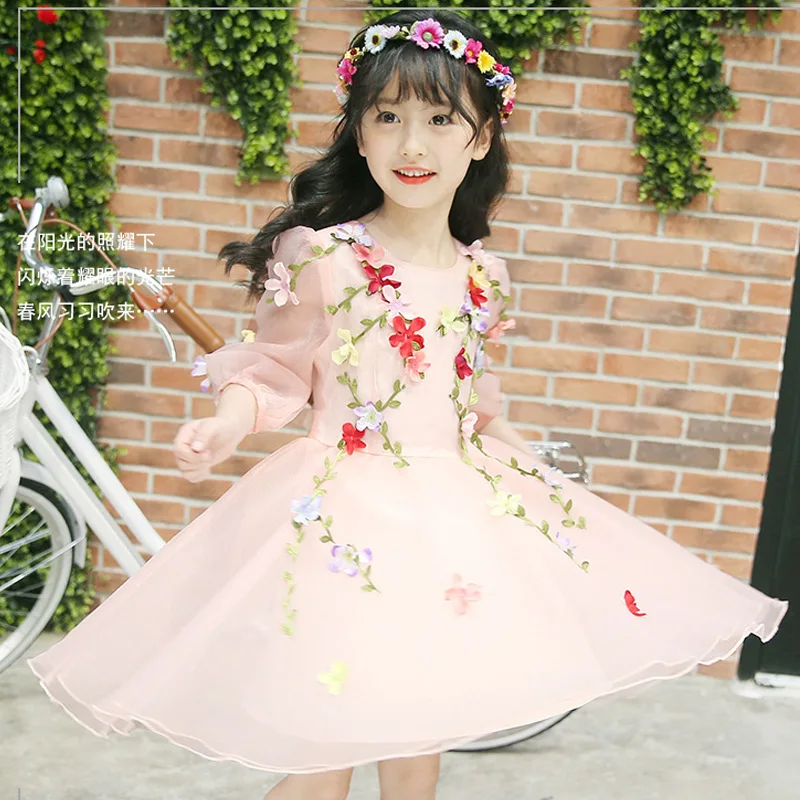 

Children's clothing summer 2019 new flower organza short-sleeved round neck girl dress