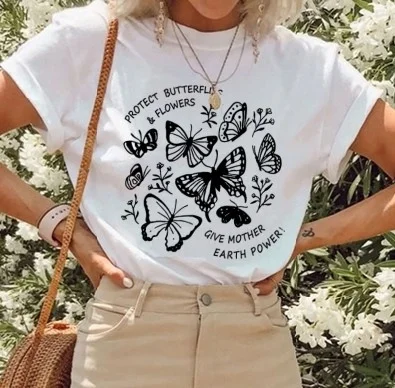 

kuakuayu HJN Protect Butterflies Flowers Tshirt Women Save The Earth Graphic T-shirt 90s Grunge Summer Fashion T Shirts