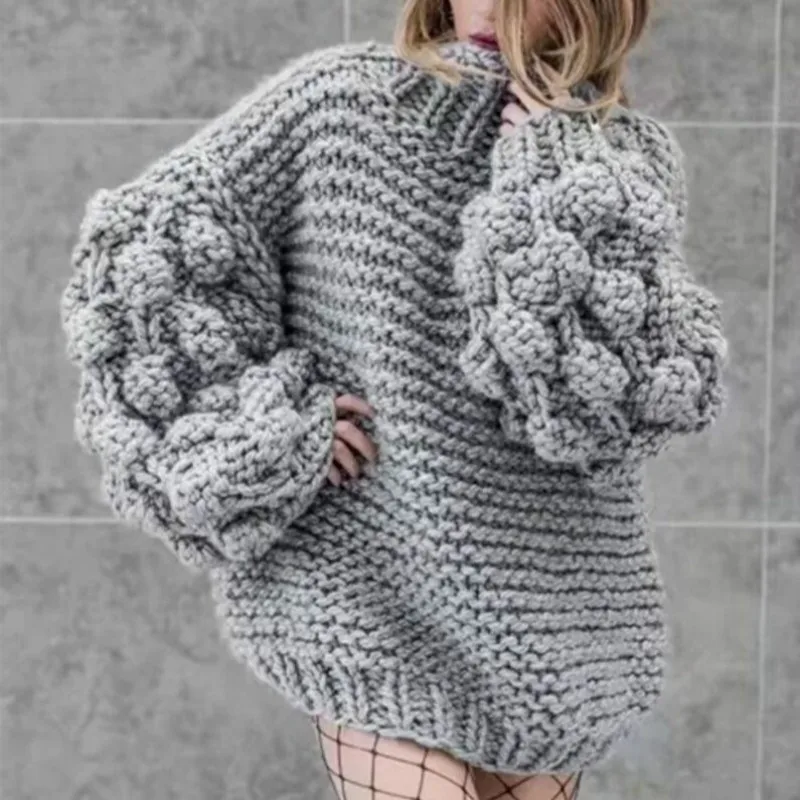 

High Street Hand-woven Lantern Sleeve Winter Warm Sweater Woman 2019 Solid Thick Pullover Women Long Sleeve Knit Sweater