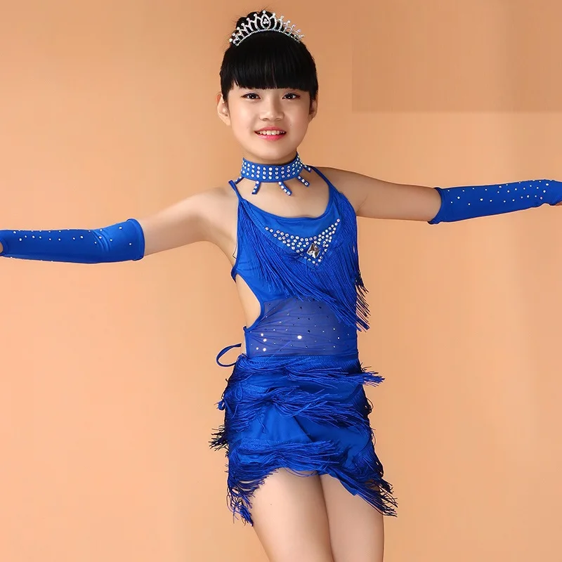 Girls kids salsa dresses sequin latin dance dress for children fringe