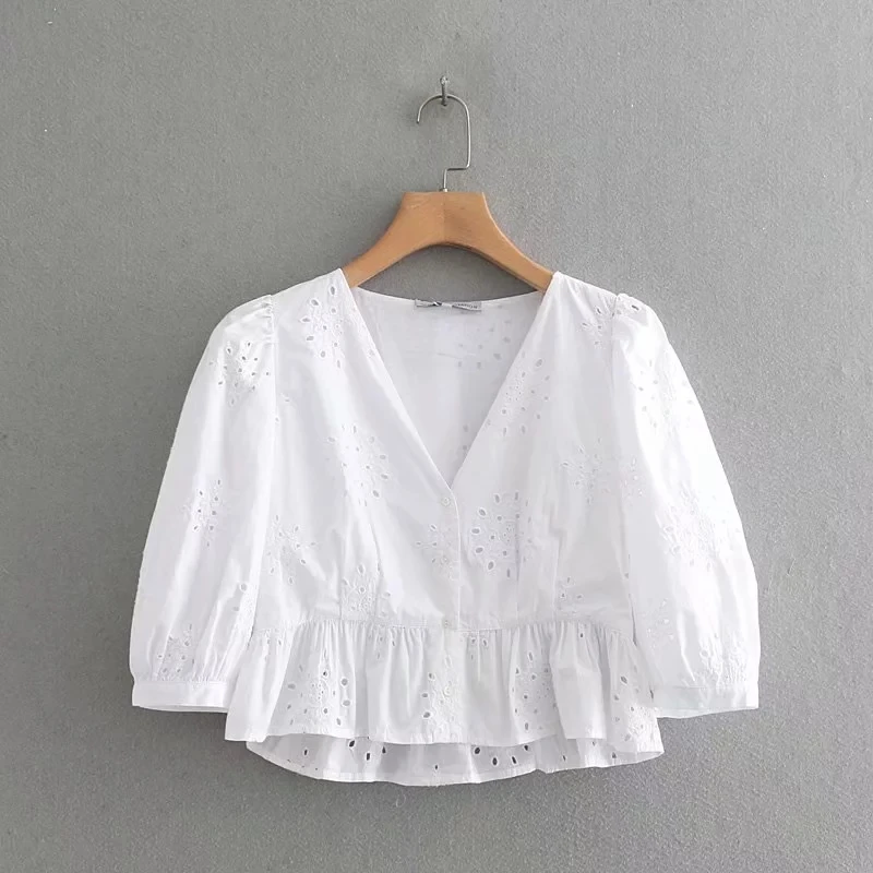 

Fashion Summer Women Soild Shirt Lady Embroidered Hollow Sleeve Dress Casual V-Neck Women Dresses Short Loose Party Clothes