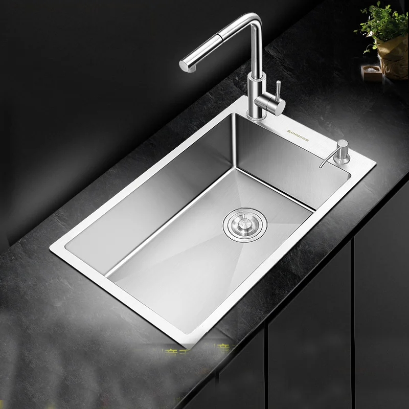 

manual kitchen sink package 3 mm thickness of 304 stainless steel single groove side basins bowl Above Counter