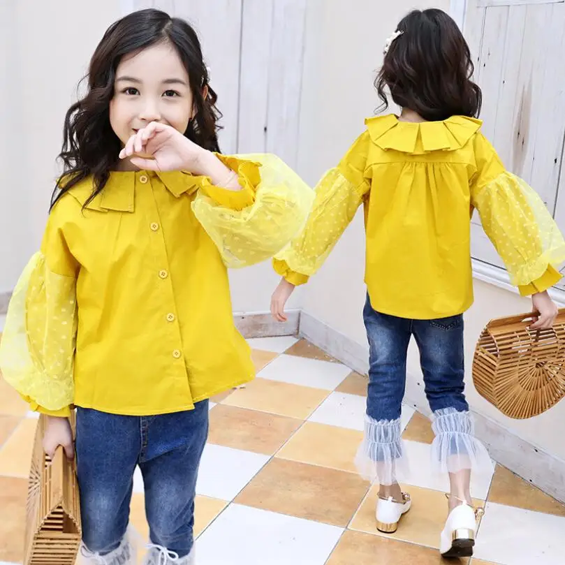 

2019 Spring Fall Toddler Teenage Princess Girl Blouse Kids Shirt Puff Long Sleeve Yellow Children Clothes Girls Tops And Blouses