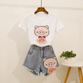 

European Women Two Piece Set Sequined Bow Cotton TShirts +Short Jeans Sets Summer Cartoon Print Top Tees Denim Shorts 2pcs Sets