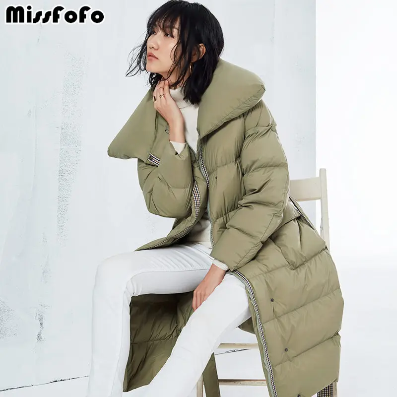 MissFoFo бренд светильник пуховое пальто котенок вниз жилет тонкий длинный женский Куртка с поясом зеленый Модный S-2XL
