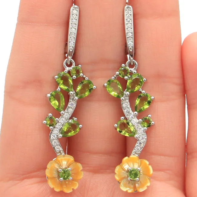 

New Designed Long Fresh Shell Green Peridot CZ Woman's 925 Silver Earrings 50x11mm