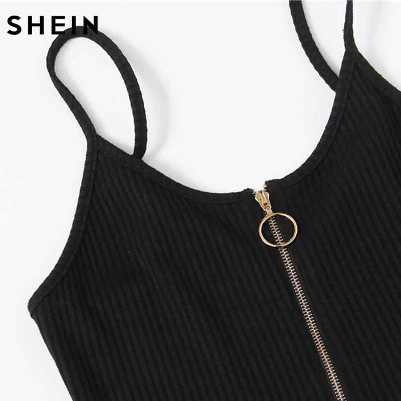 SHEIN O-Ring Zipper Front Ribbed Cami Bodysuit Summer Casual Black Scoop Neck Sleeveless Sexy Bodysuits for Women