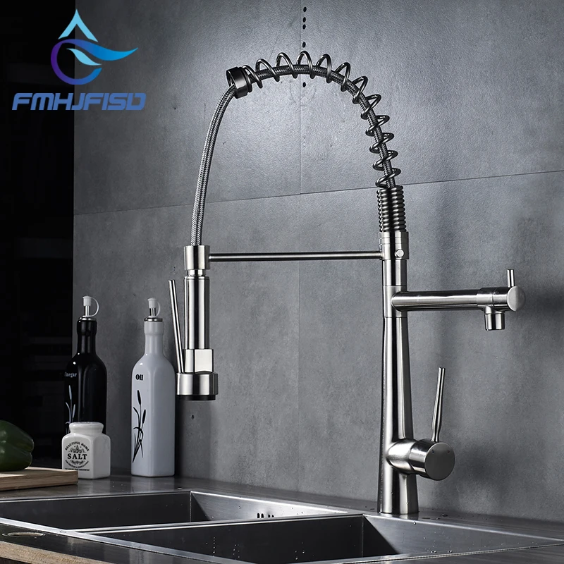 

High Quality Brushed Nickel Pull Out Spring Kitchen 2 Handle Single Hole Faucet Swivel Spout Vessel Sink Mixer Tap