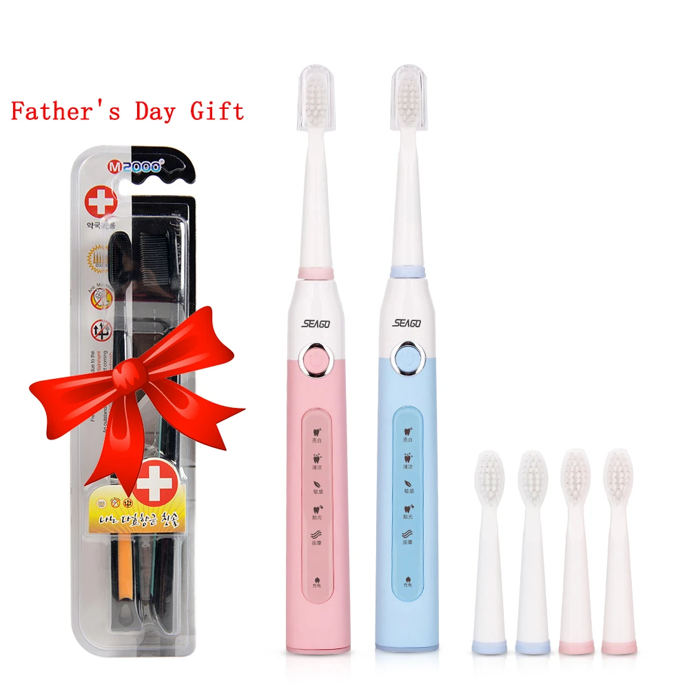

Seago USB Rechargeable Sonic Electric Toothbrush Mothers' Day Gift 3 Mode Brush Teeth + 3 Replacement Tooth Brush Heads