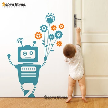 

Robot Holding Flowers Wall Sticker DIY Cartoon Removable Decal for Kids Nursery Room Wallpaper Home Decoration