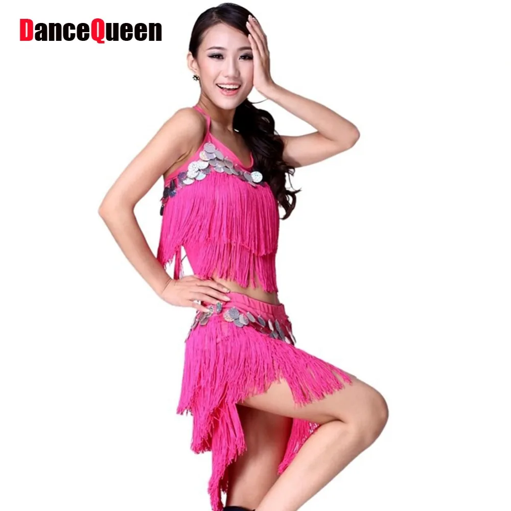 Latin Dance Dress Tassel Sequins Salsa Rose Red Yellow Womens Latin