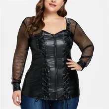 Рубашки женские Большие размеры осенние Топы из искусственной кожи для женщин модные сексуальные и Клубные бандажные футболки для женщин