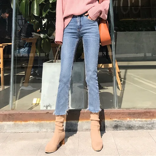 Pockets Button Women Jeans Washed High Waist Denim Pants