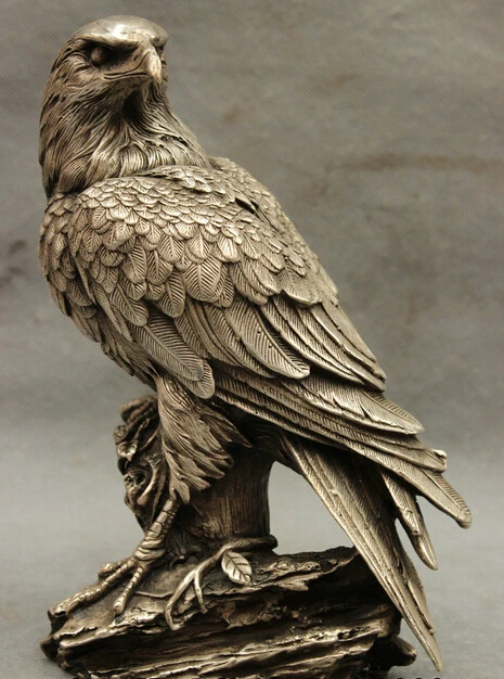 

wholesale factory 9" Chinese Home Cultue Silver Brave Sharp Birds-King Eagle On Tree Bronze Statue