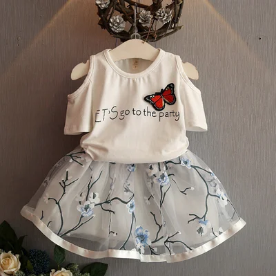 

2016 summer new 2pcs baby girls clothing set Strapless t shirt+tutu dress flower kids clothes set suit 2-7T white ropa mujer