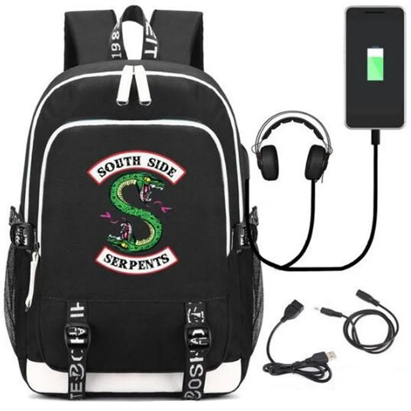 

Fashion Cool Riverdale Southside Serpents Backpacks School Bag USB Charging Port Lock Headphone Travel School Bag