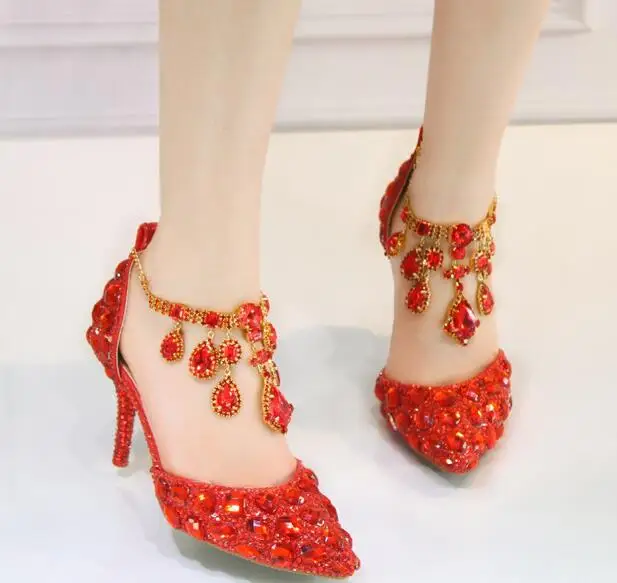Свадебные туфли с ремешком на щиколотке, украшенные кристаллами; вечерние модельные туфли на среднем каблуке; туфли-лодочки с острым носком; Цвет серебристый, красный; женская обувь на высоком каблуке - Цвет: red big strap