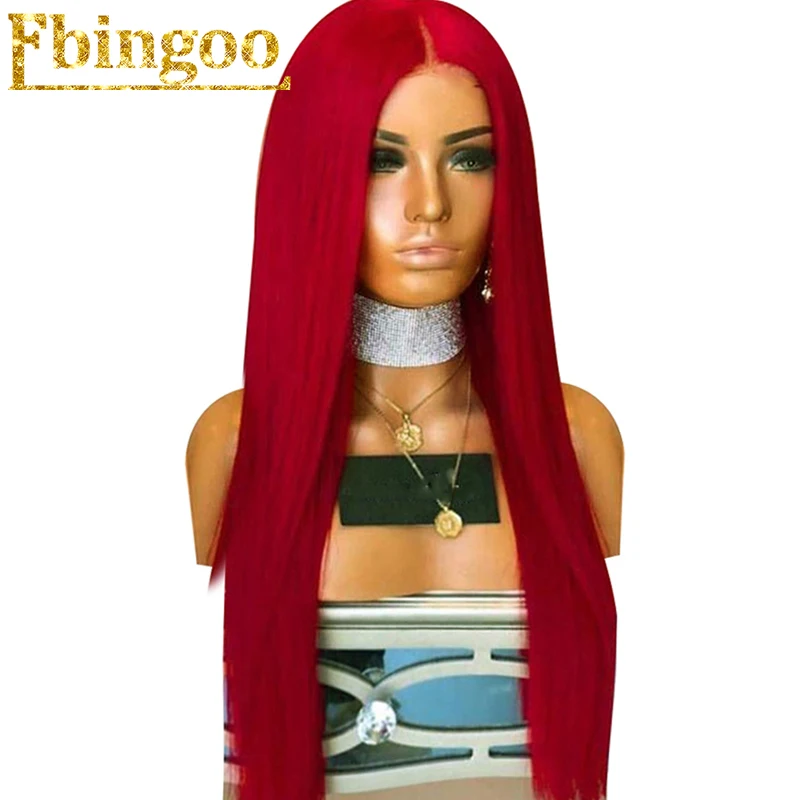 

Ebingoo High Temperature Fiber Unice Peruca Middle Part Long Straight Red Synthetic Lace Front Wig For Drag Queen Costume