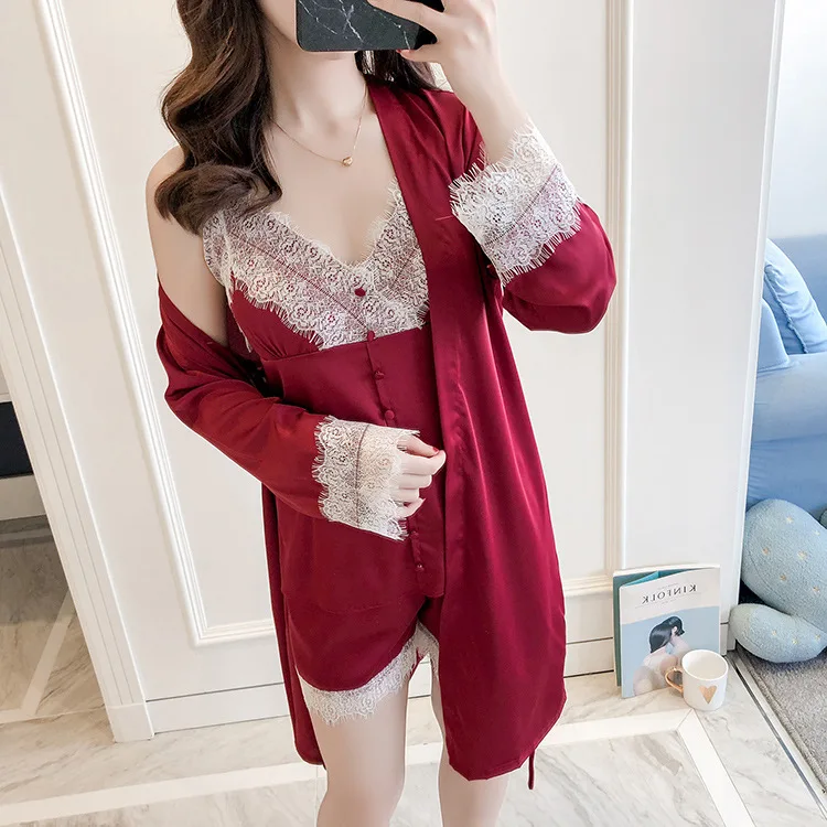 Ladies Sexy Robe Pajama Set 3 Pieces Lace Bathrobe Set Summer Rayon