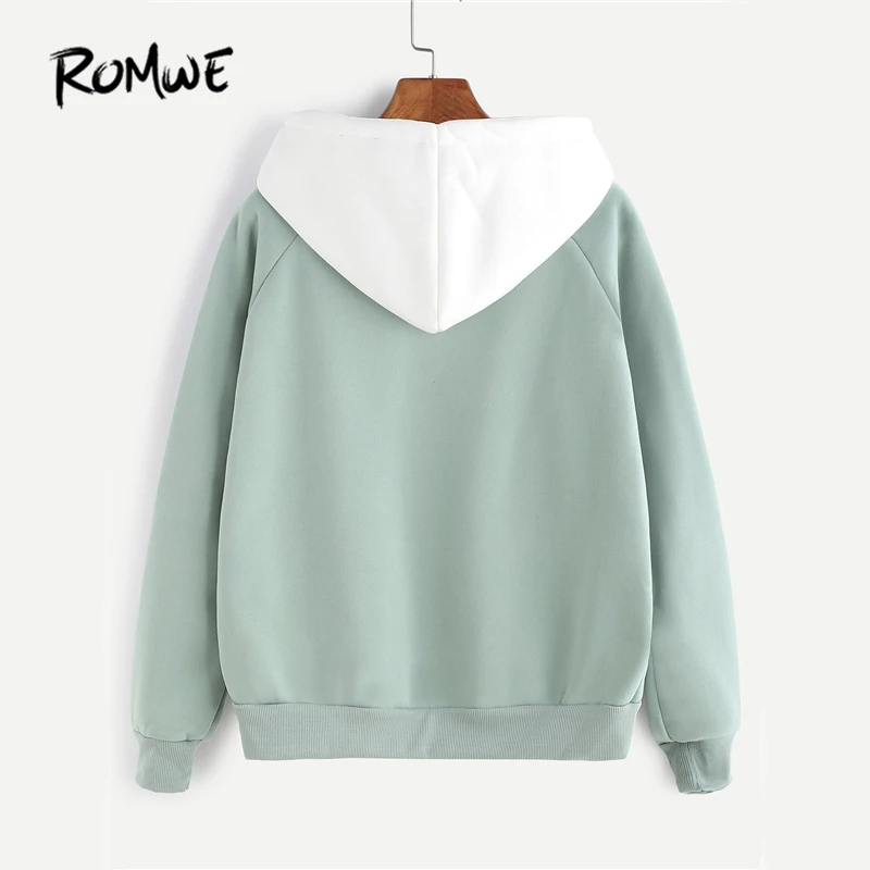  ROMWE Pale Green Patchwork Hoodie Women Raglan Long Sleeve Cute Contrast Hooded Sweatshirt Fall Poc