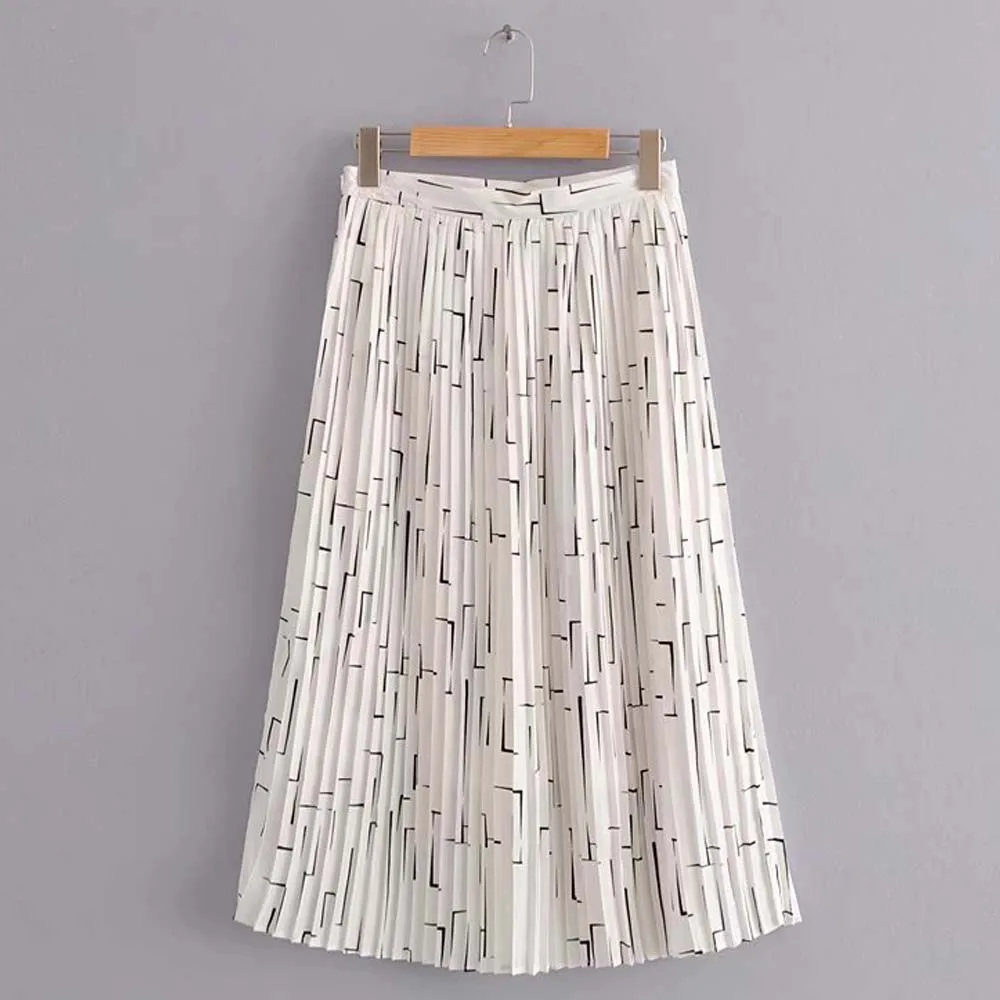 

ANSFX Vintage Hepburn Black Line Print Midi Pleated Skirt 2018 Summer Fashion Woman High Waist Skater A-Line Skirts Femme White