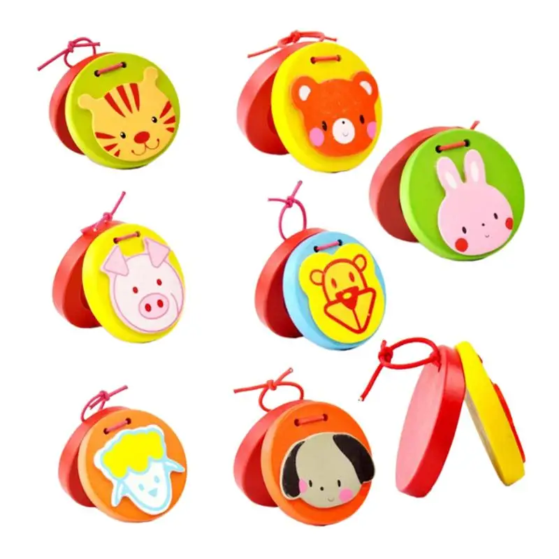 

Baby Educational Toy Cartoon Kids Wooden Castanet Clapper Handle Musical Instrument Toy Baby Hand Grasping Toy Gift Random Color