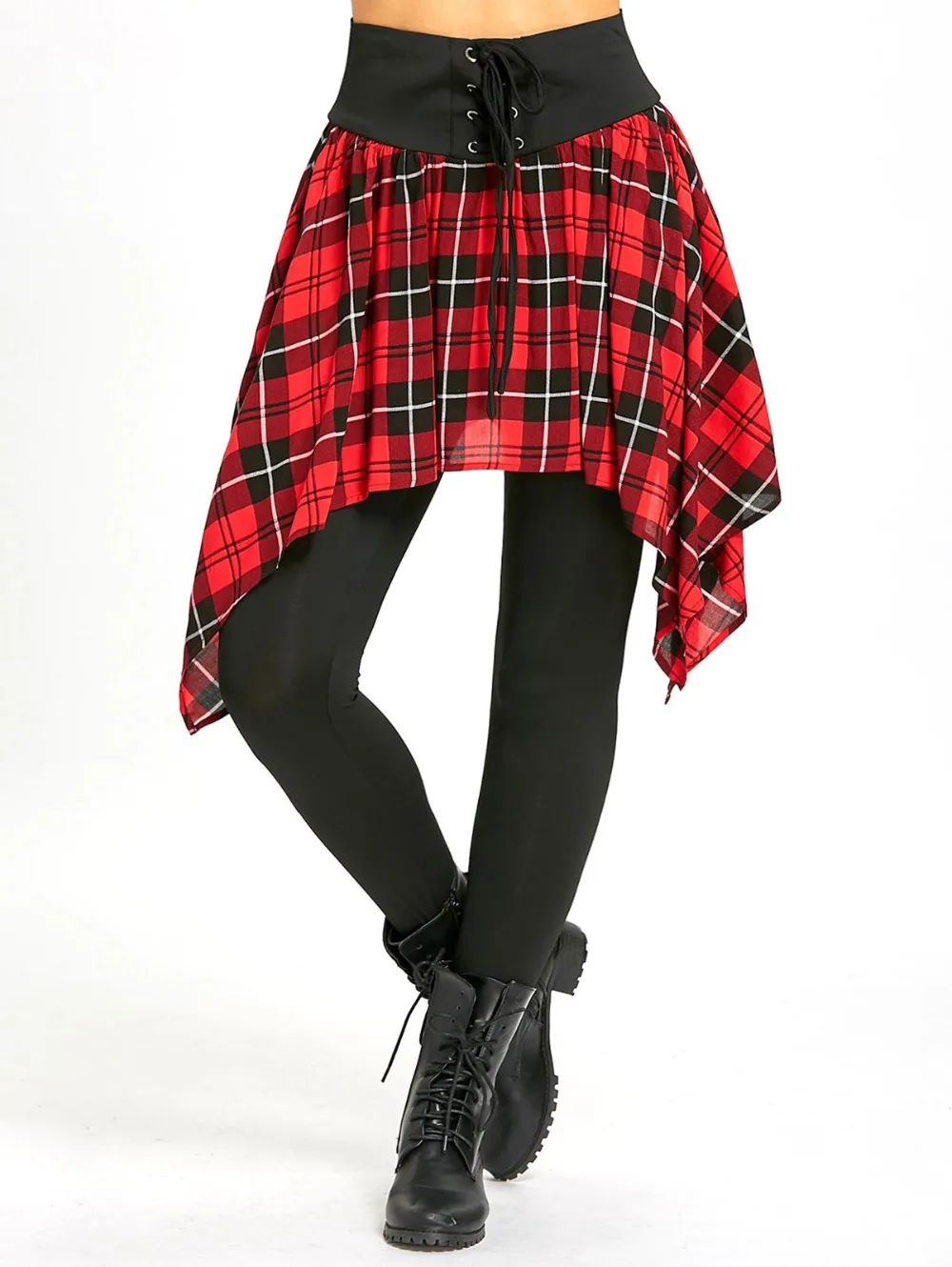 Buy Women Asymmetric Plaid Lace Up Skirted Leggings