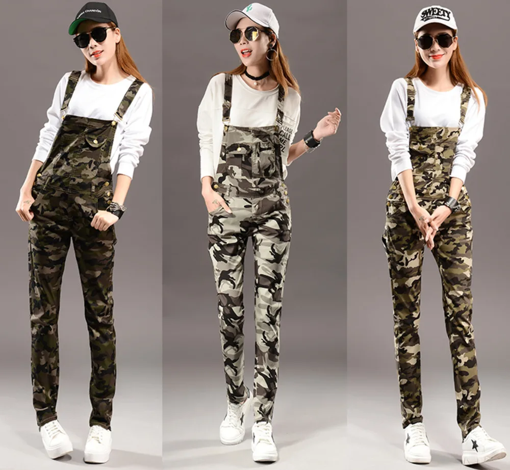 

Fashion College style Women Skinny Camouflage denim Jumpsuits Autumn Female Army Camo jean Overalls Slim fit Strap pants A72810