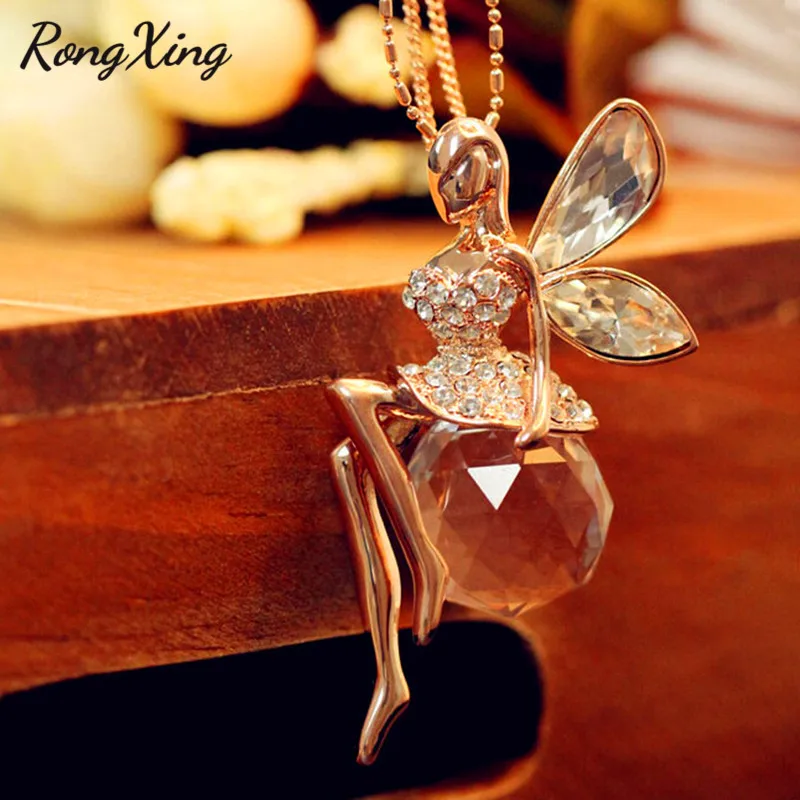 

RongXing Fashion Lucky Angel Fairy Pendants Gold Filled Crystal Ball Long Sweater Chain Charm Necklaces For Women Girls Jewelry