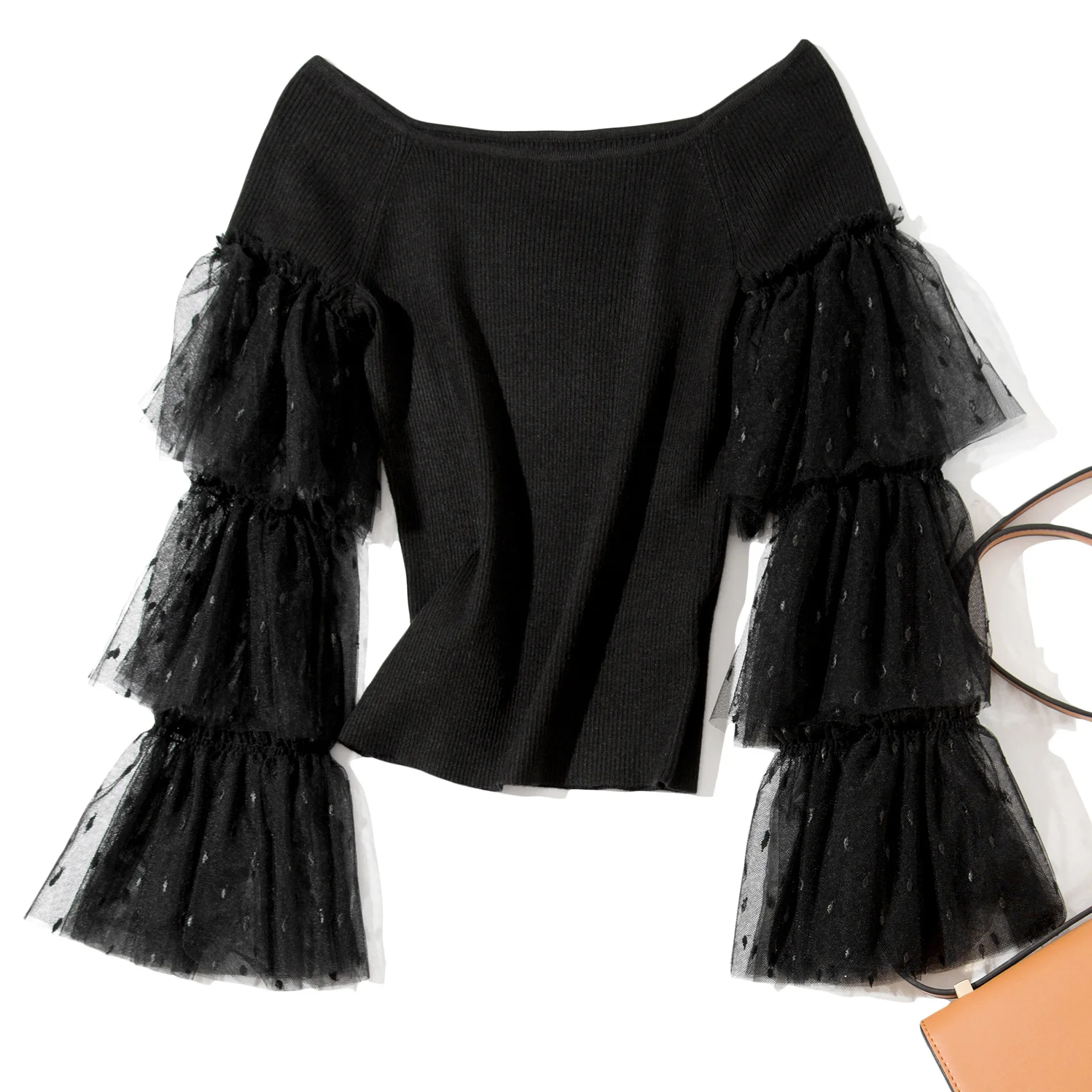 Solid mesh patchwork elastic knit sweater shirts 2018 new flare sleeve slash neck women autumn short sweater 