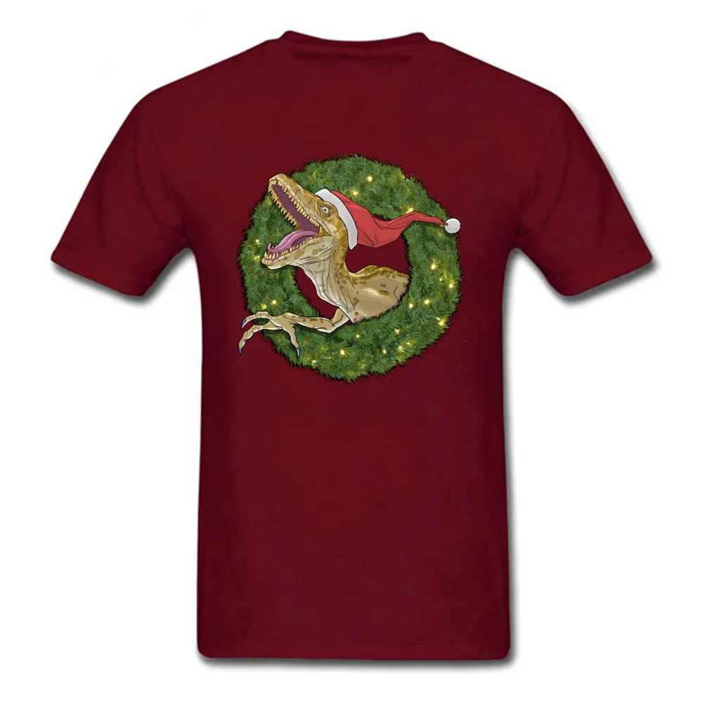 Velociraptor and Christmas Wreathe All Cotton Mens Short Sleeve Tops Tees Design Summer Autumn Tshirts 2018 New O Neck T Shirt Velociraptor and Christmas Wreathe maroon