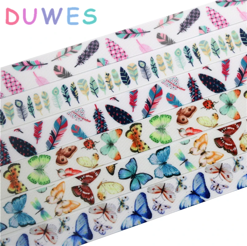 

DUWES 50yards feather butterfly printed grosgrain Ribbon Accessory hairbow headwear decoration Wholesale OEM D1020