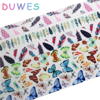 

DUWES 50yards feather butterfly printed grosgrain Ribbon Accessory hairbow headwear decoration Wholesale OEM D1020