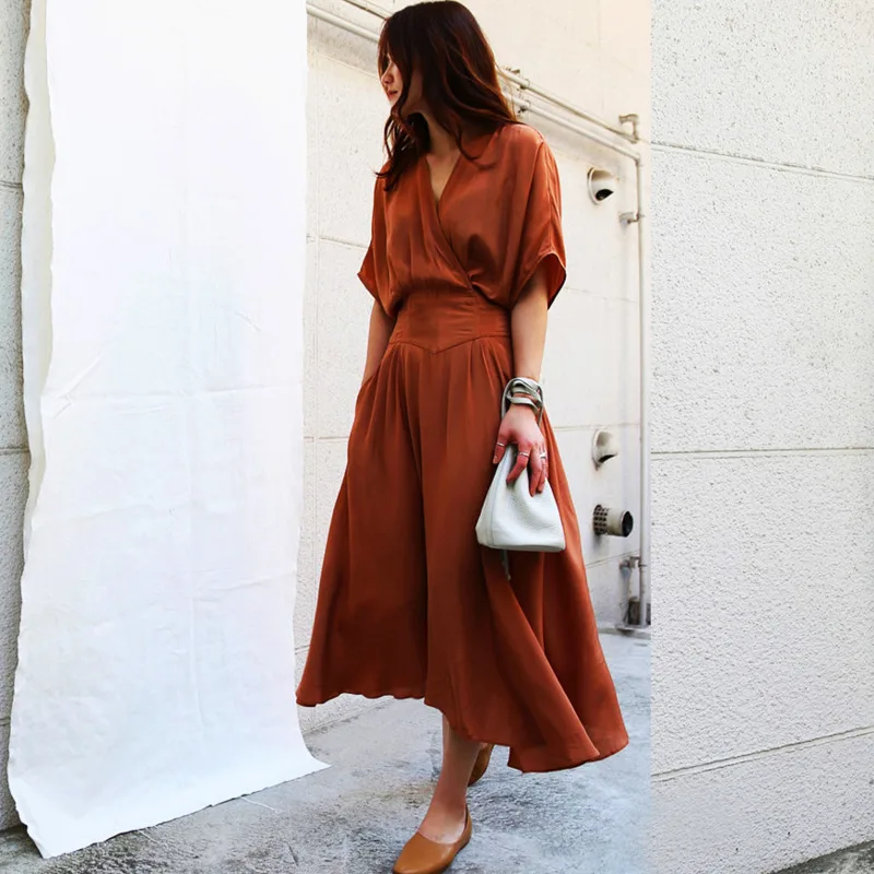 

[EWQ] 2019 summer new Korean fashion clothes women Solid color V-Neck high waist Lantern Sleeve loose sexy Casual dresses QH816
