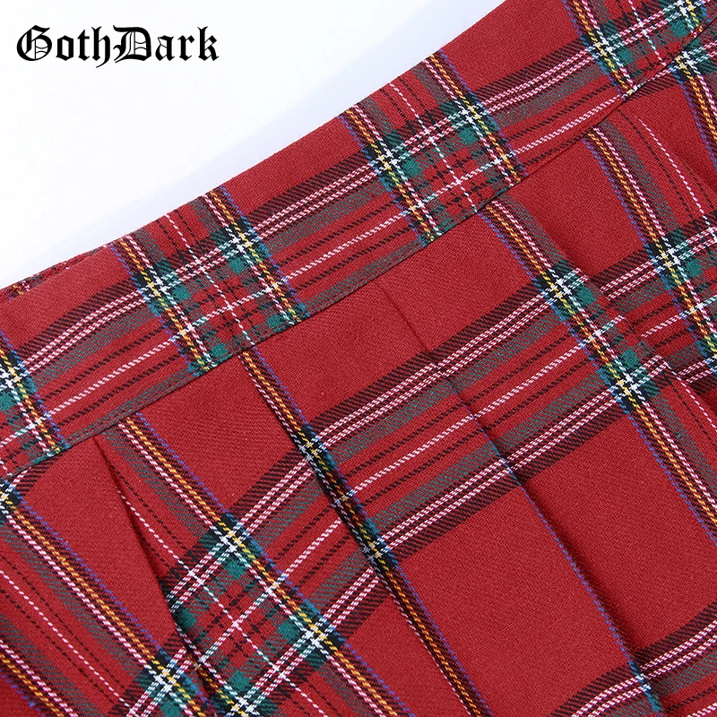 Goth Dark Red Plaid Punk Gothic Skirts Patchwork Rivet Belt Pleated Asymmetrical Belt Grunge Women's Skirt Fall2019 Fashion Sexy