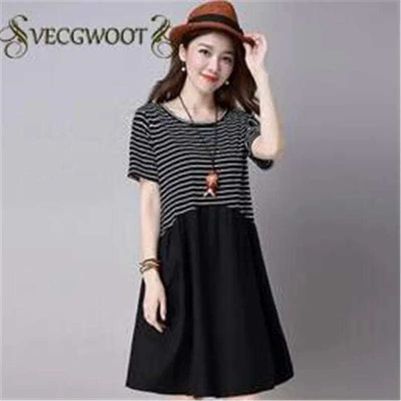 

Summer Loose Large size Women Dress 2019 New Casual Striped Patchwork Round neck Short sleeve Women Dress S-XXXL SES50