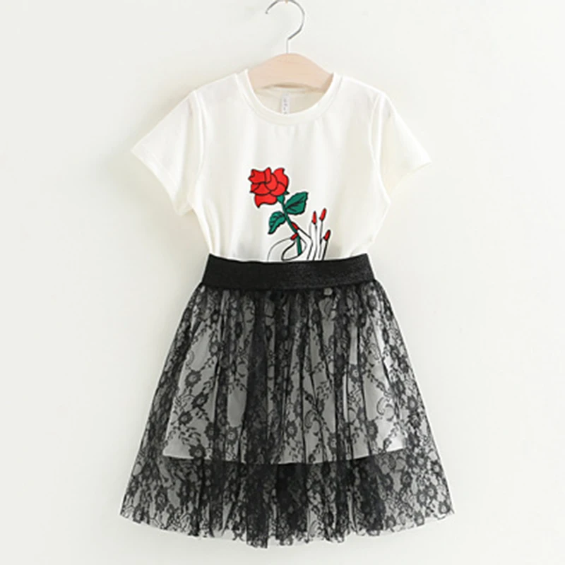 Summer 2018 New Fashion Kids Long T Shirt Dress + Lace Dress 2pcs