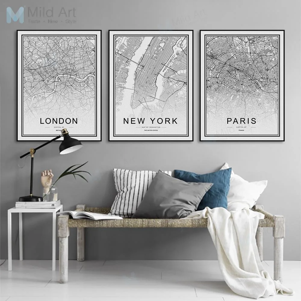 Billige Custom World Stadt Karte Personalisierte Nordic Stil Schwarz Weiß Poster und Drucke Wand Kunst Bilder Wohnkultur Leinwand Malerei Geschenke