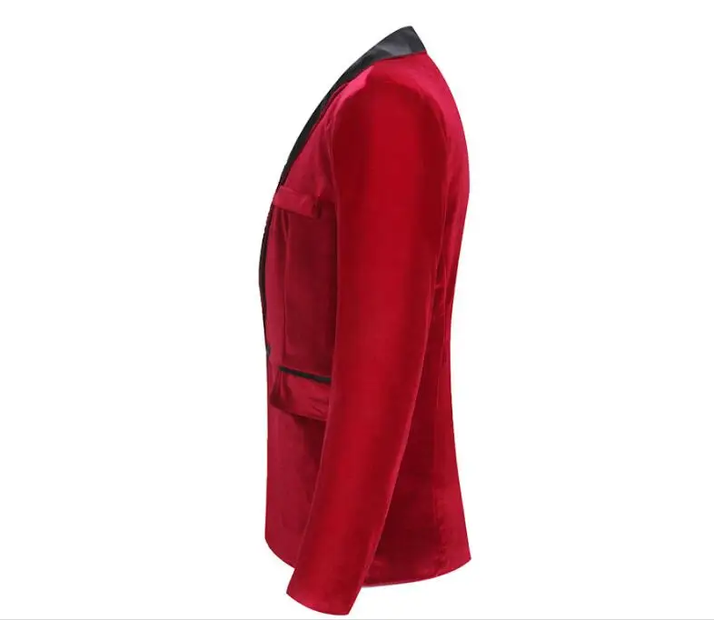 Men's Autumn Winter Velvet Wine Red Fashion Leisure Suit Jacket Wedding Groom Singer Slim Fit Blazer