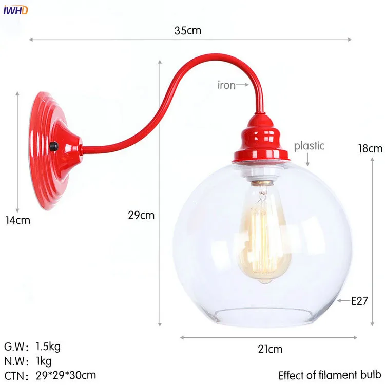 IWHD Стекло Винтаж Ретро светодиодный настенные светильники красного металла Лофт Промышленные Винтаж бра Edison Wandlampen домашнего освещения - Цвет абажура: 1
