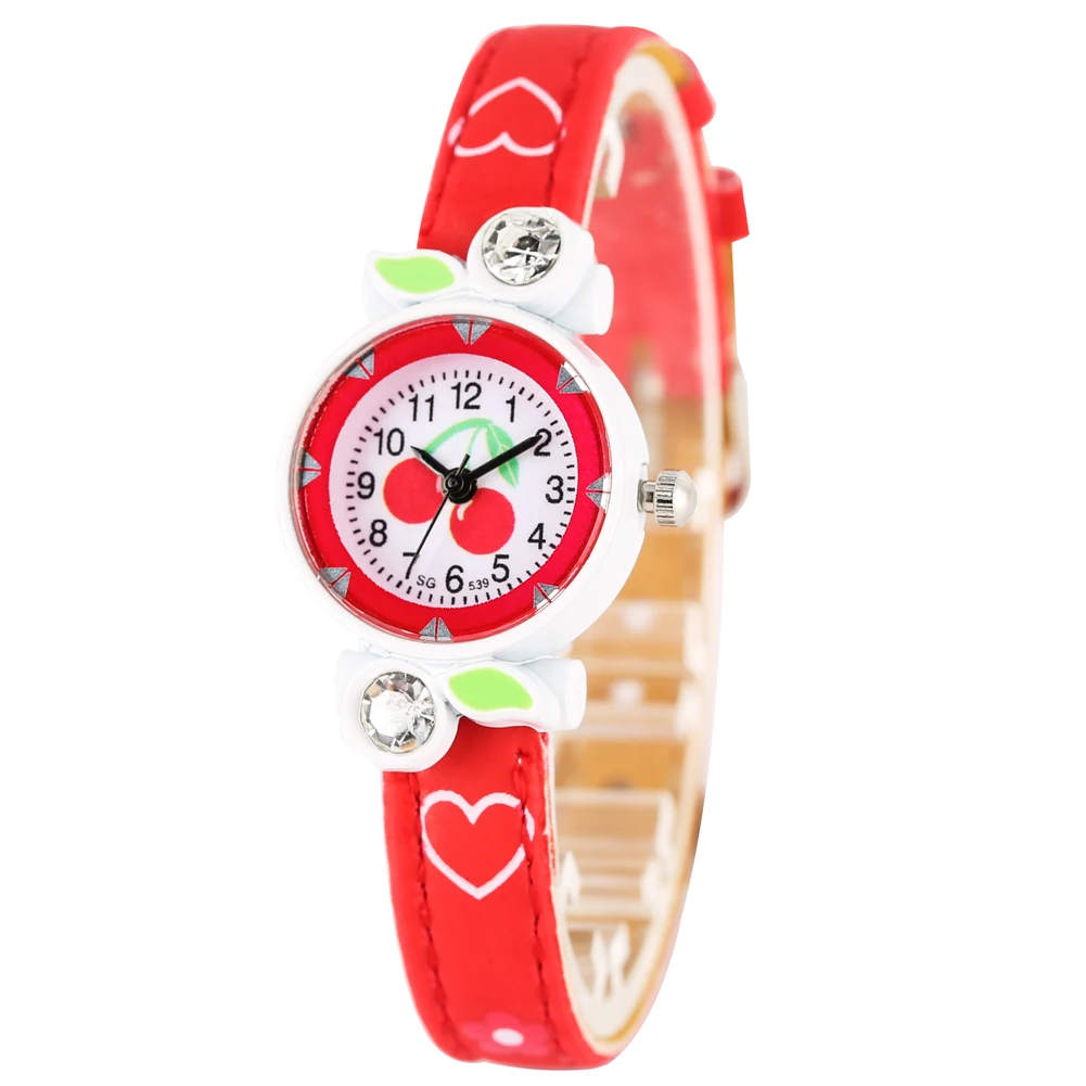 

Classic Cherry Pattern Quartz Watch for Kids Arabic Numerals Dial Diamond-encrusted Leather Strap Watches for Student