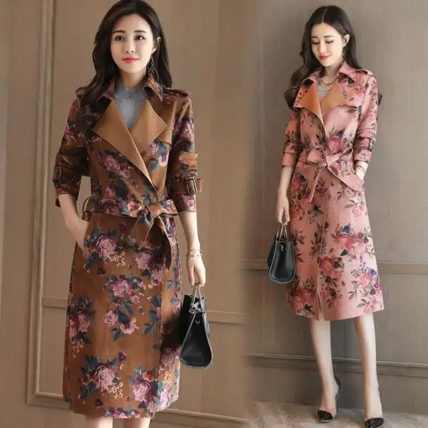 

Women Windbreak 2019 printing autumn spring trench coat women long female wind breaker outerwear plus size DC204