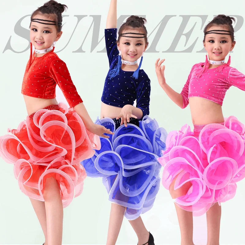 

Kids Ballroom Dance Wear Salsa Tango Rumba Samba Costume velvet children professional latin dance dress for girls flamengo skirt