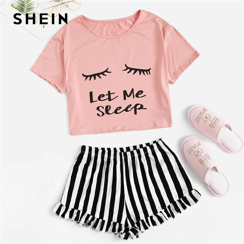SHEIN, черная футболка с рисунком, шорты в полоску, PJ, круглый вырез, короткий рукав, набор,, летняя женская пижама в стиле пэчворк