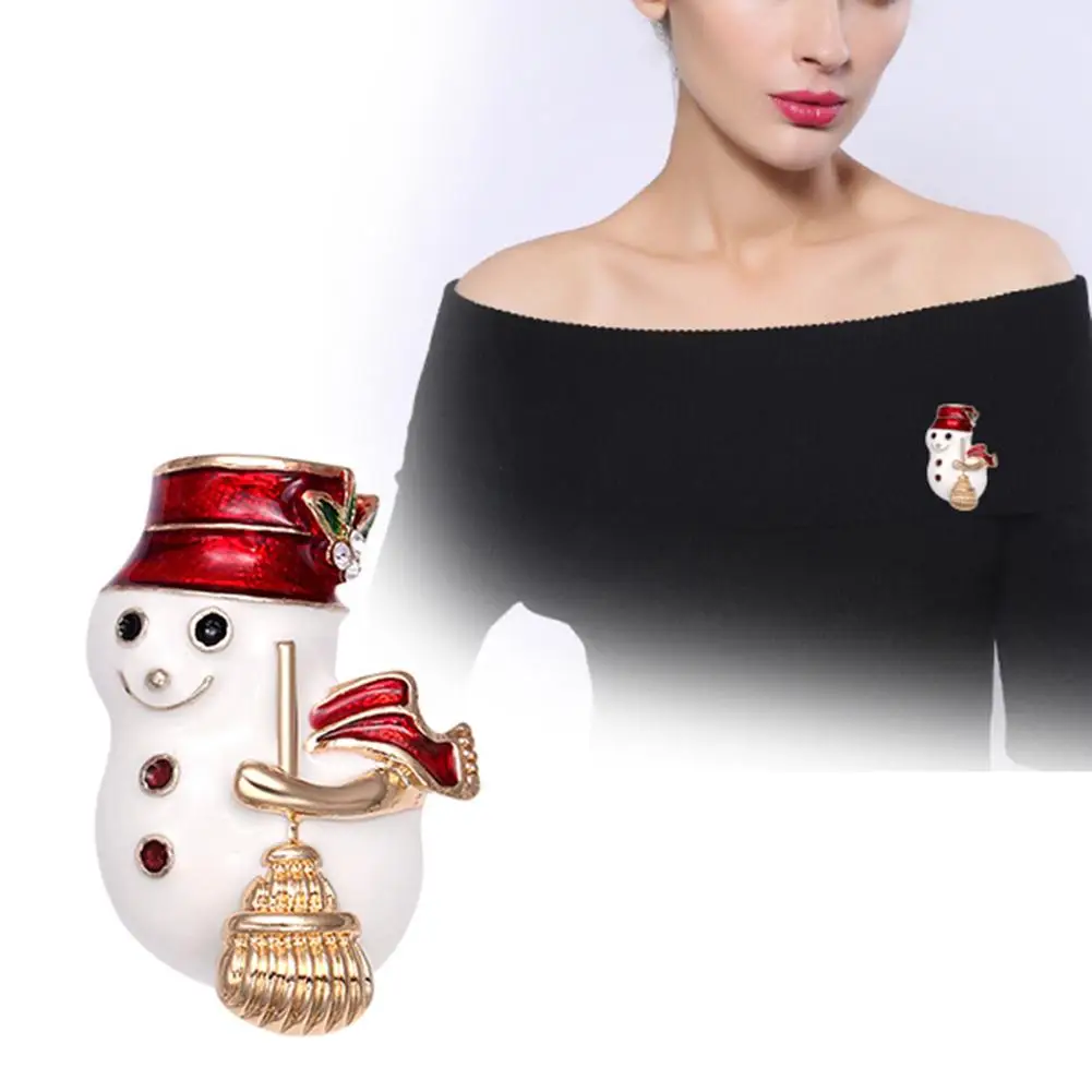

1PC Christmas Snowman Broom Pattern Lapel Badge Rhinestone Enamel Brooch Pin Decor