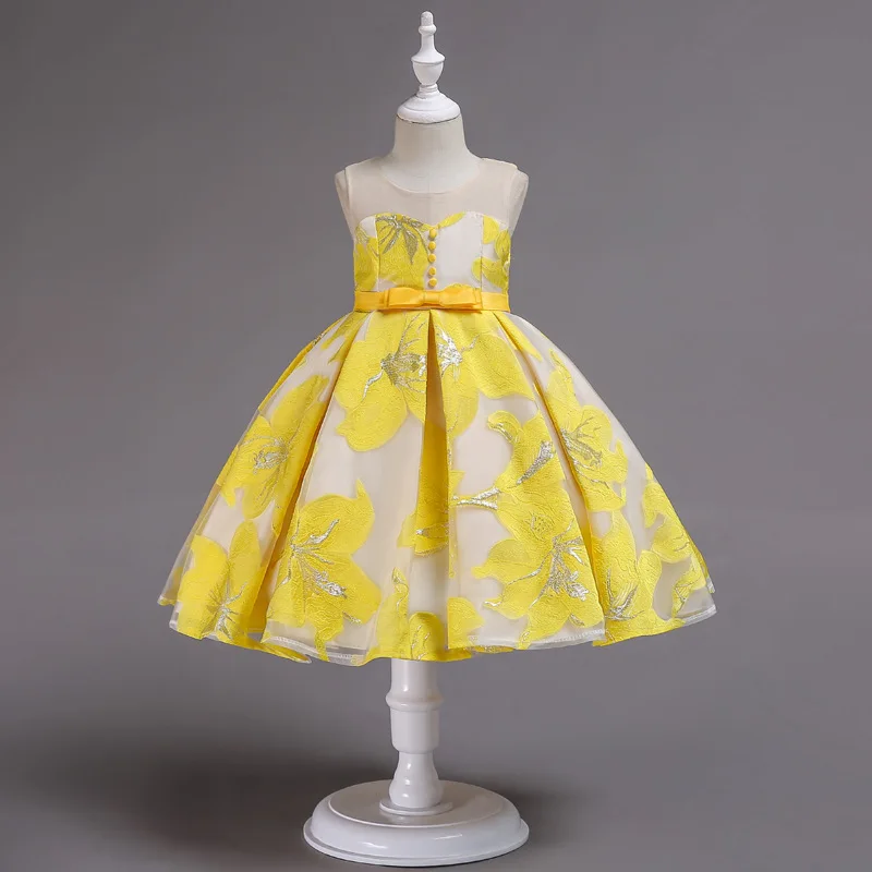 JaneyGao/Платья с цветочным узором для девочек для свадебной вечеринки; цвет синий, розовый, желтый; платье принцессы для девочек с вышивкой и бантом на пуговицах; стиль