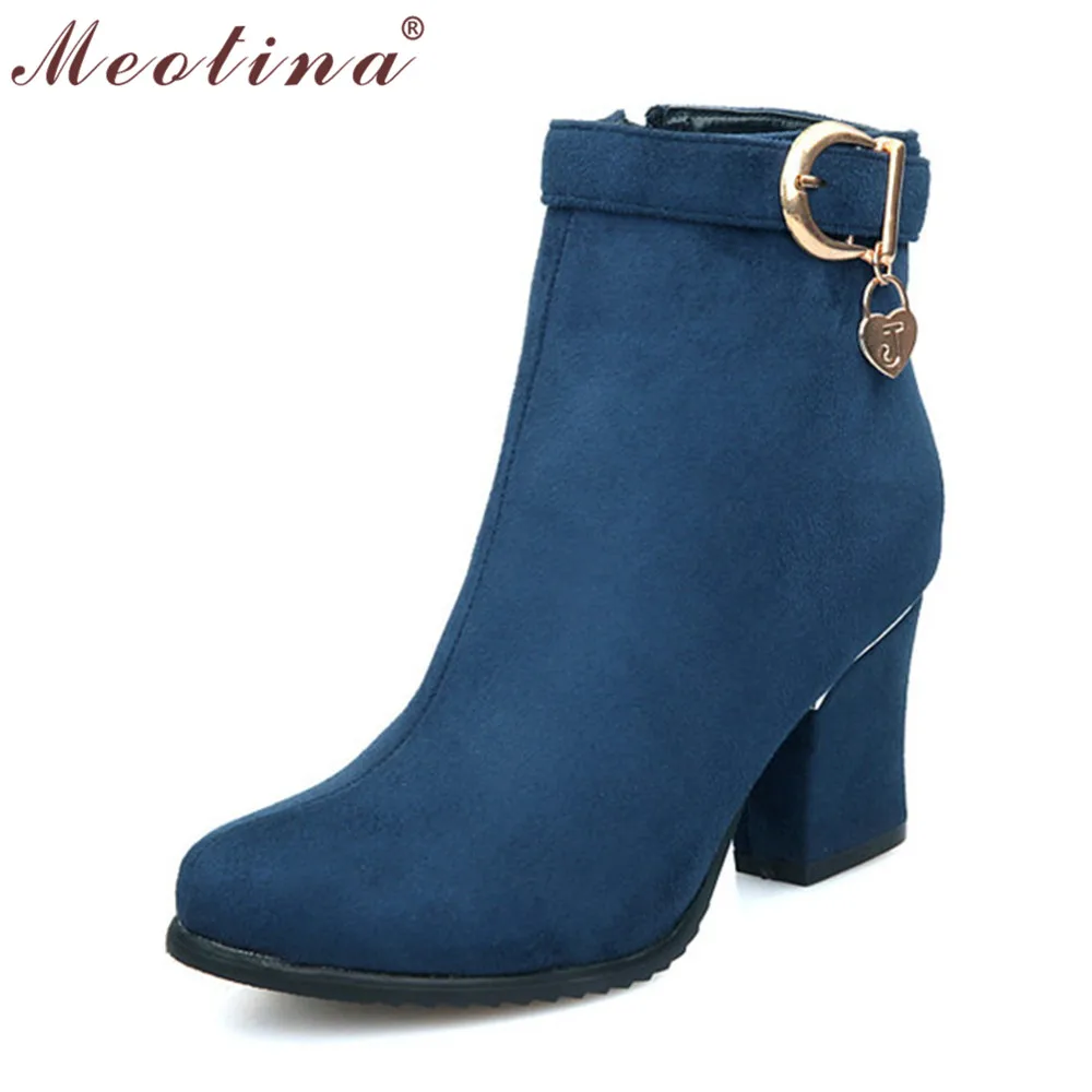 

Meotina Big Size 9 10 Autumn Ladies Boots Round Toe Flock Ankle Boots Female Zip Thick High Heel Boots Sequined Green Shoes